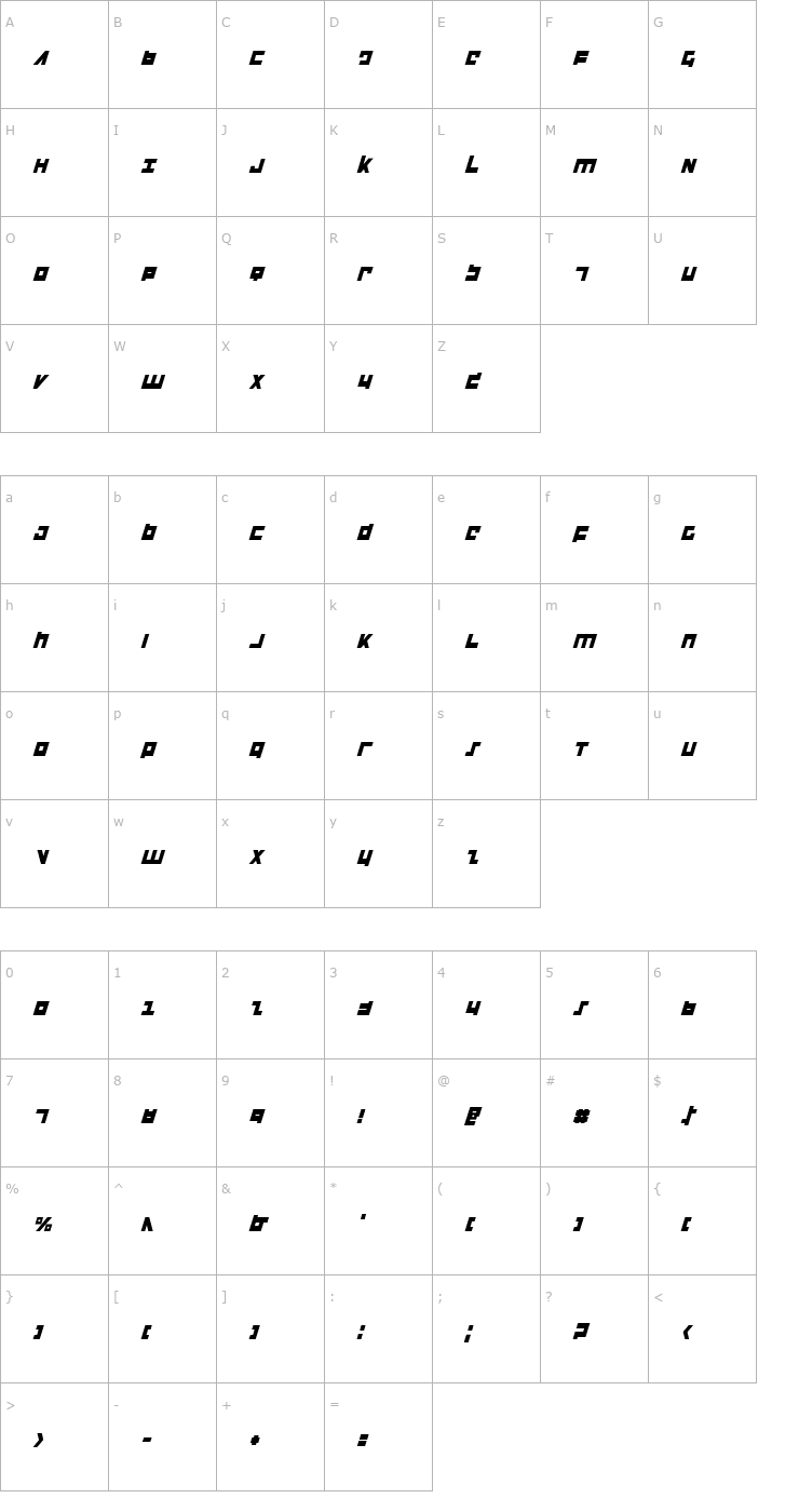 Character Map Flight Corps Condensed Italic Font
