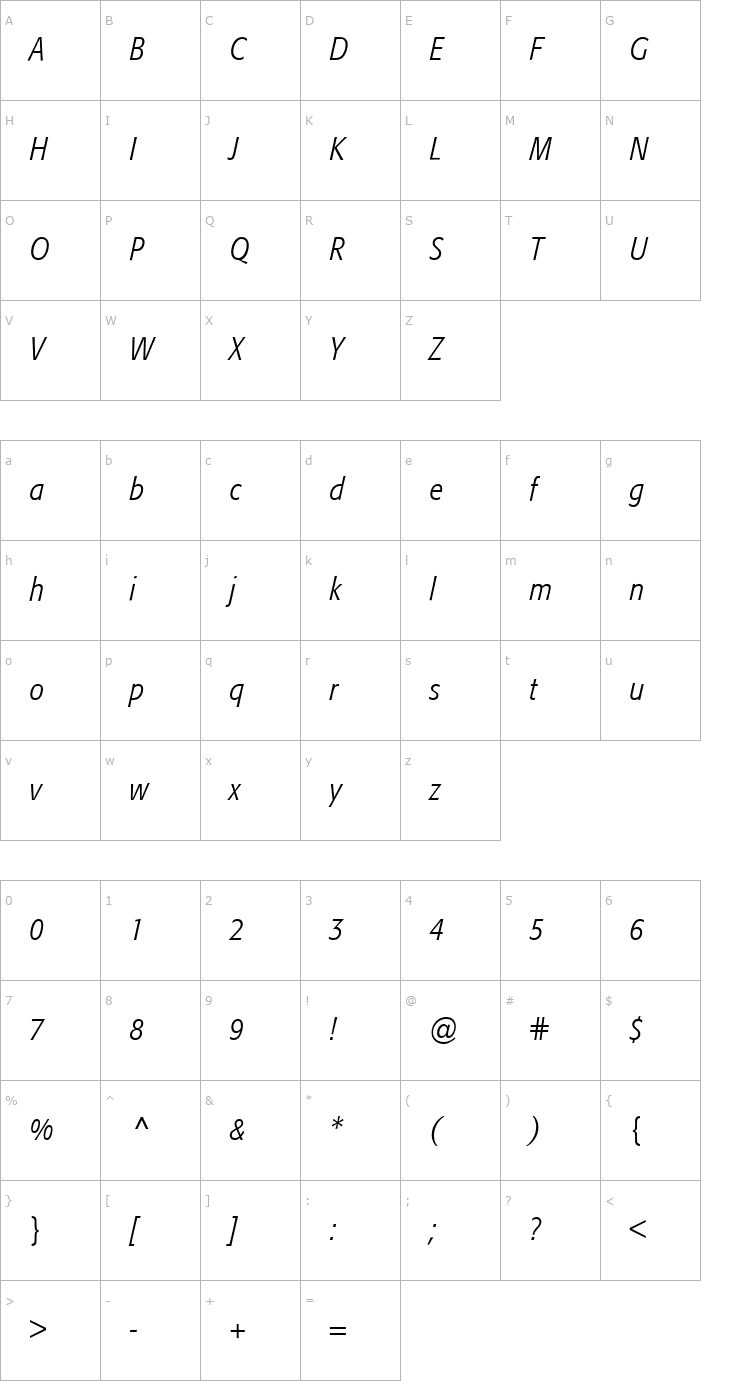 Character Map Formata-CondensedLight Italic Font