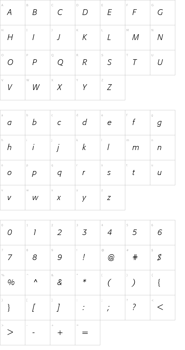 Character Map Formata-Light Italic Font