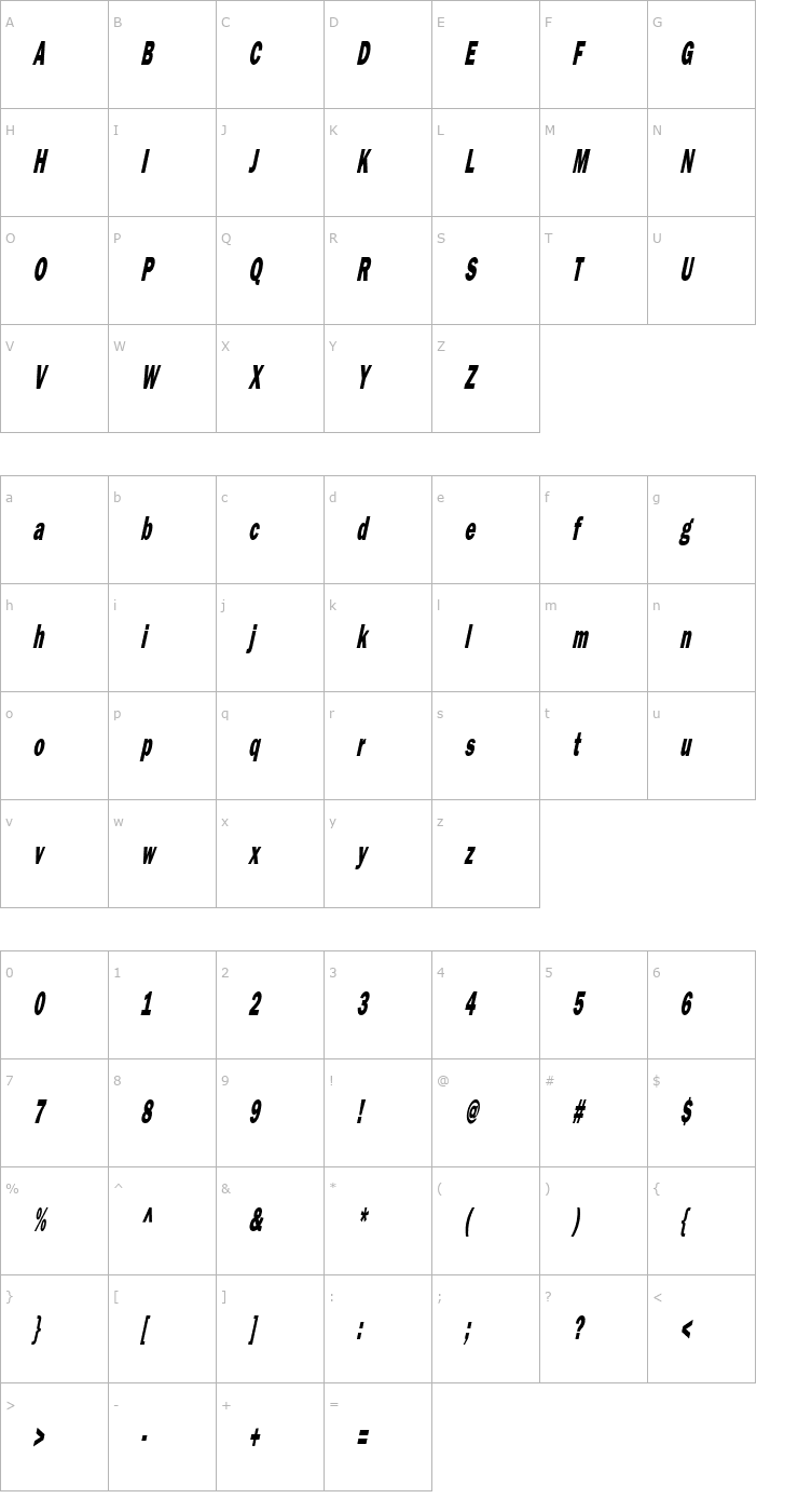 Character Map Francis Gothic Thin Italic Font