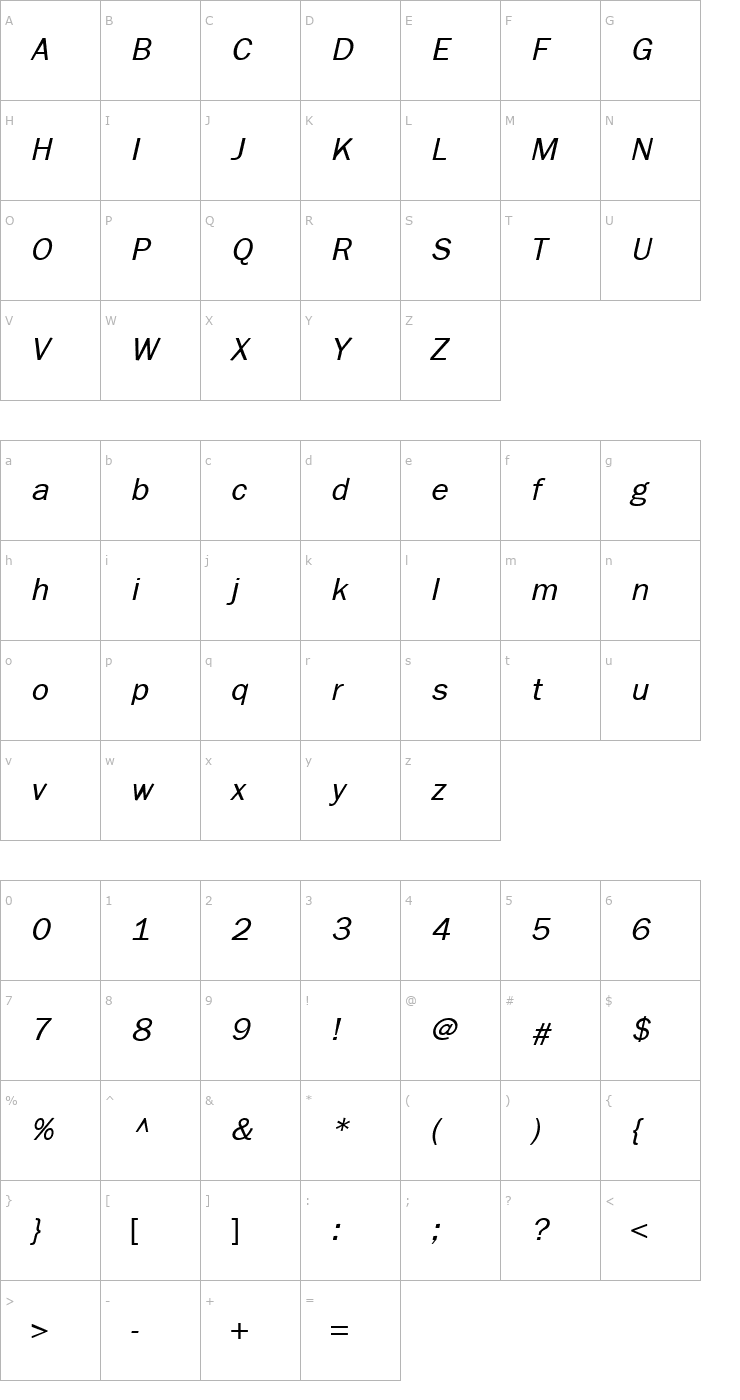 Character Map Franzfurt Italic Font