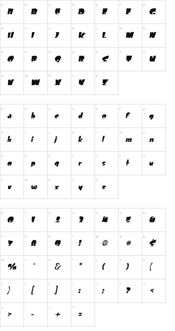 Character Map Freckle Oblique Font