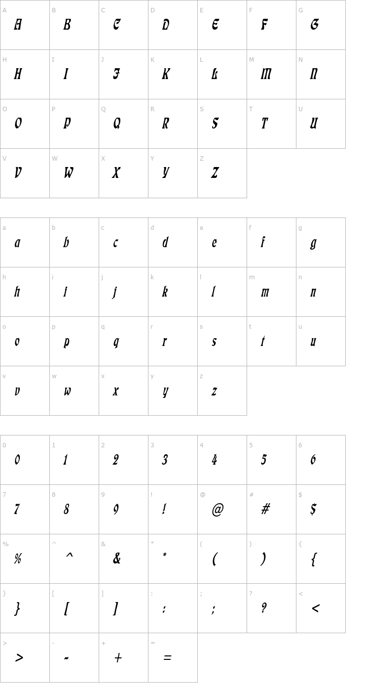 Character Map Freedom Thin Italic Font