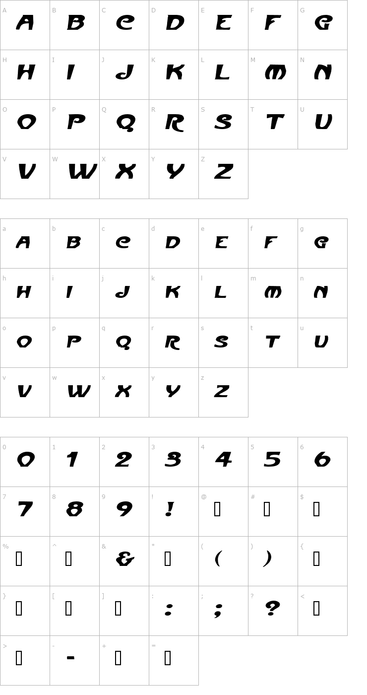 Character Map FrenchBeanExtended Oblique Font