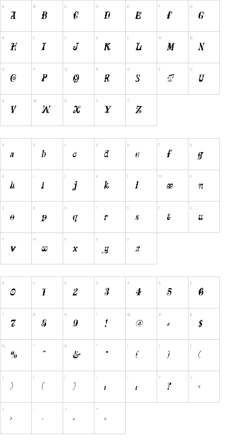 Character Map Frilly Italic Font