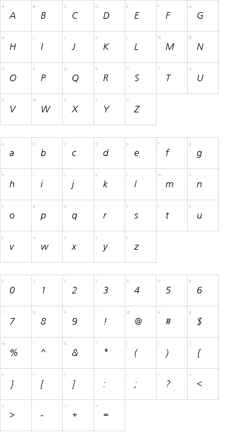 Character Map FrontPageLH Italic Font