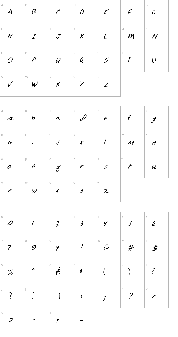 Character Map FrostysHand Regular Font