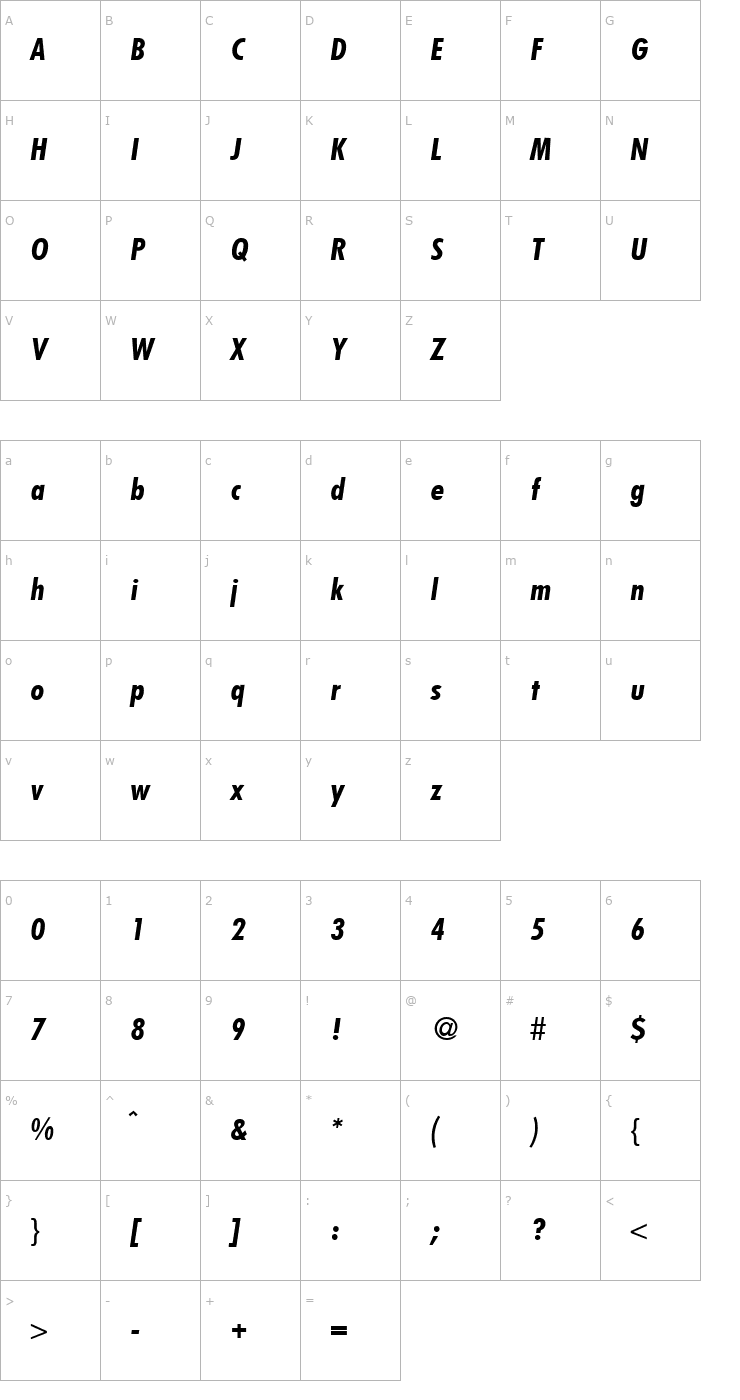 Character Map FunctionCondTwo-BoldItalic Font