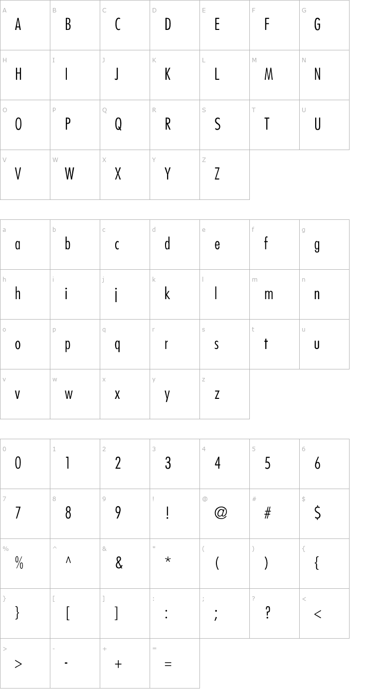 Character Map Futura-CondensedLight-Normal Font