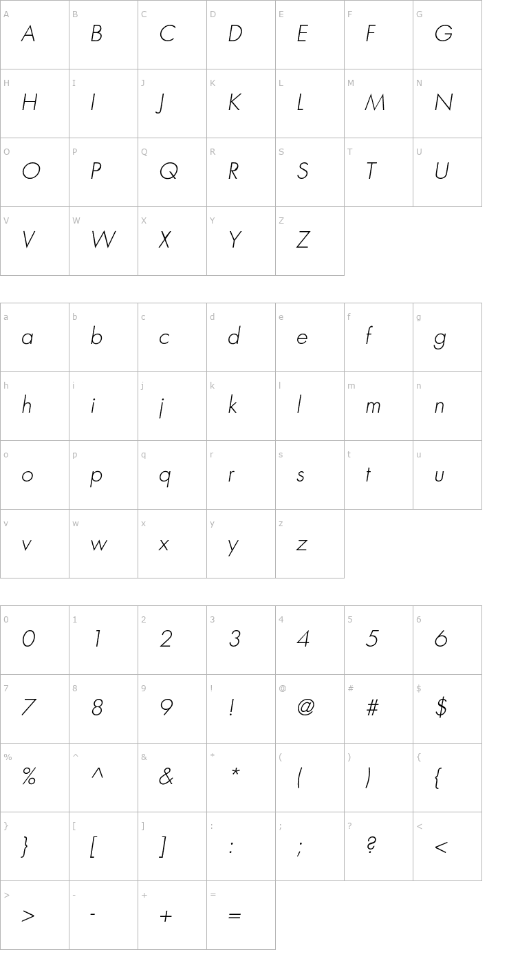 Character Map Futura-LightOblique Font