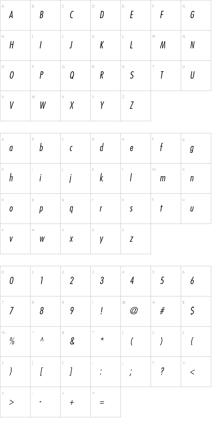 Character Map FuturaStd-CondensedLightObl Font