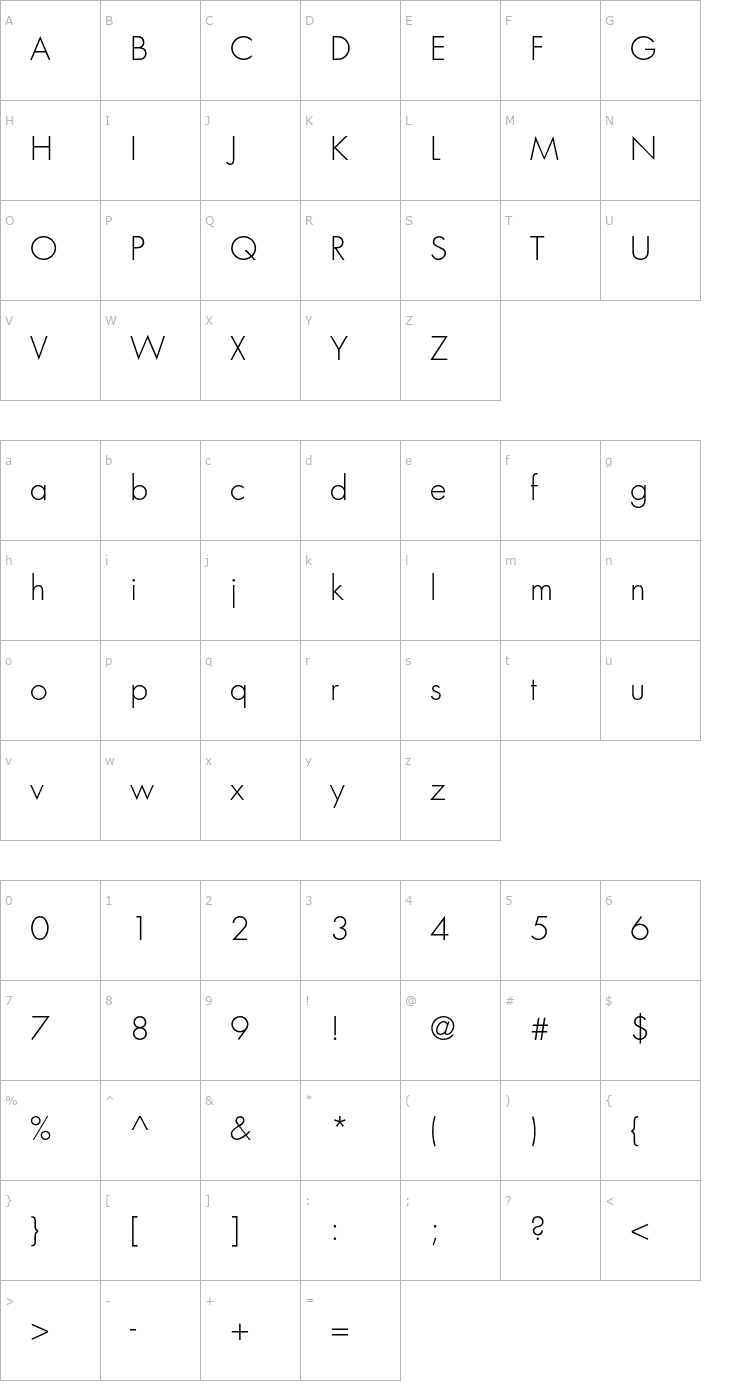 Character Map FuturaStd-Light Font