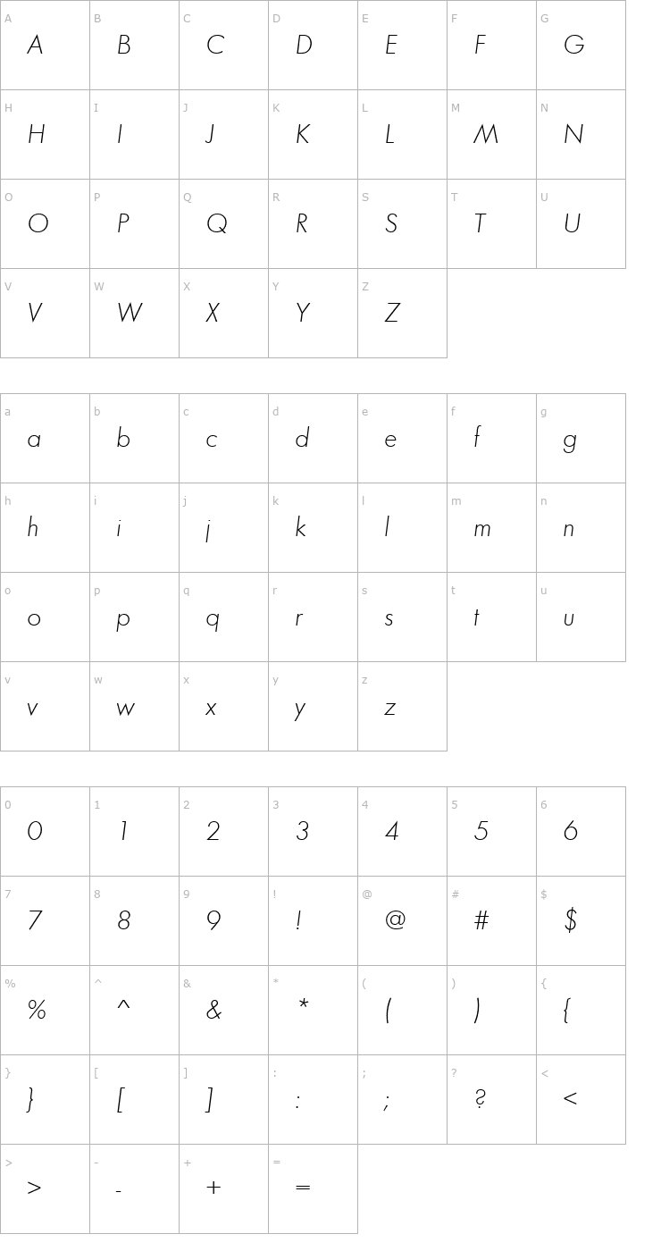 Character Map FuturaTLig Oblique Font