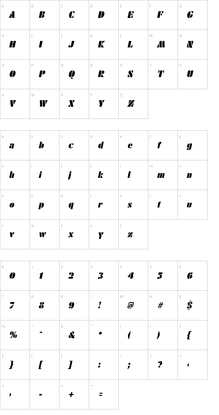 Character Map FuturistBlack Italic Font