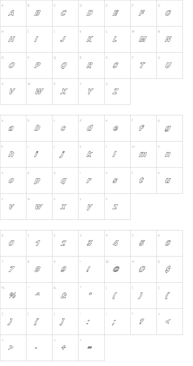 Character Map FZ BASIC 1 HOLLOW ITALIC Font
