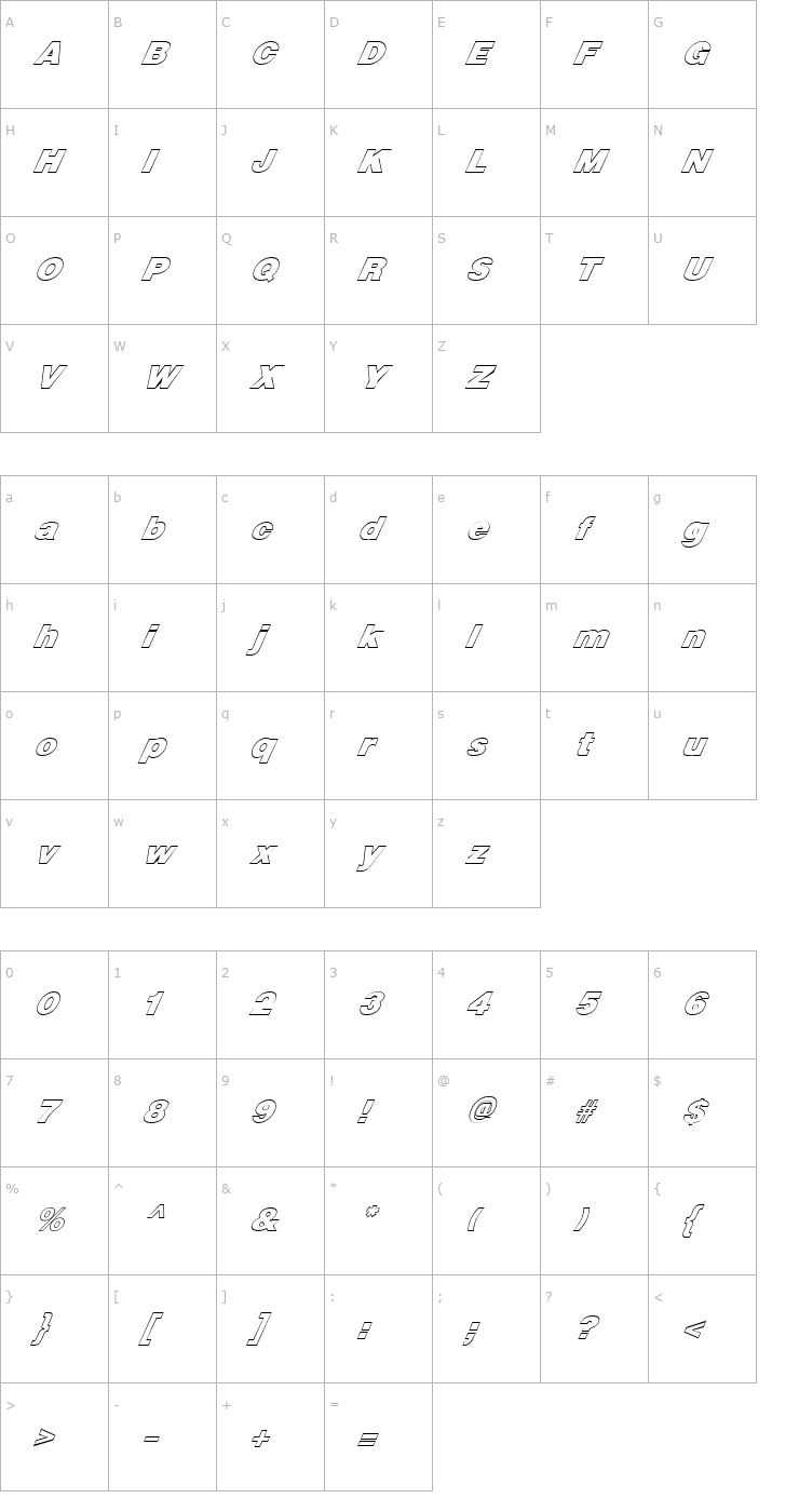 Character Map FZ BASIC 13 HOLLOW ITALIC Font