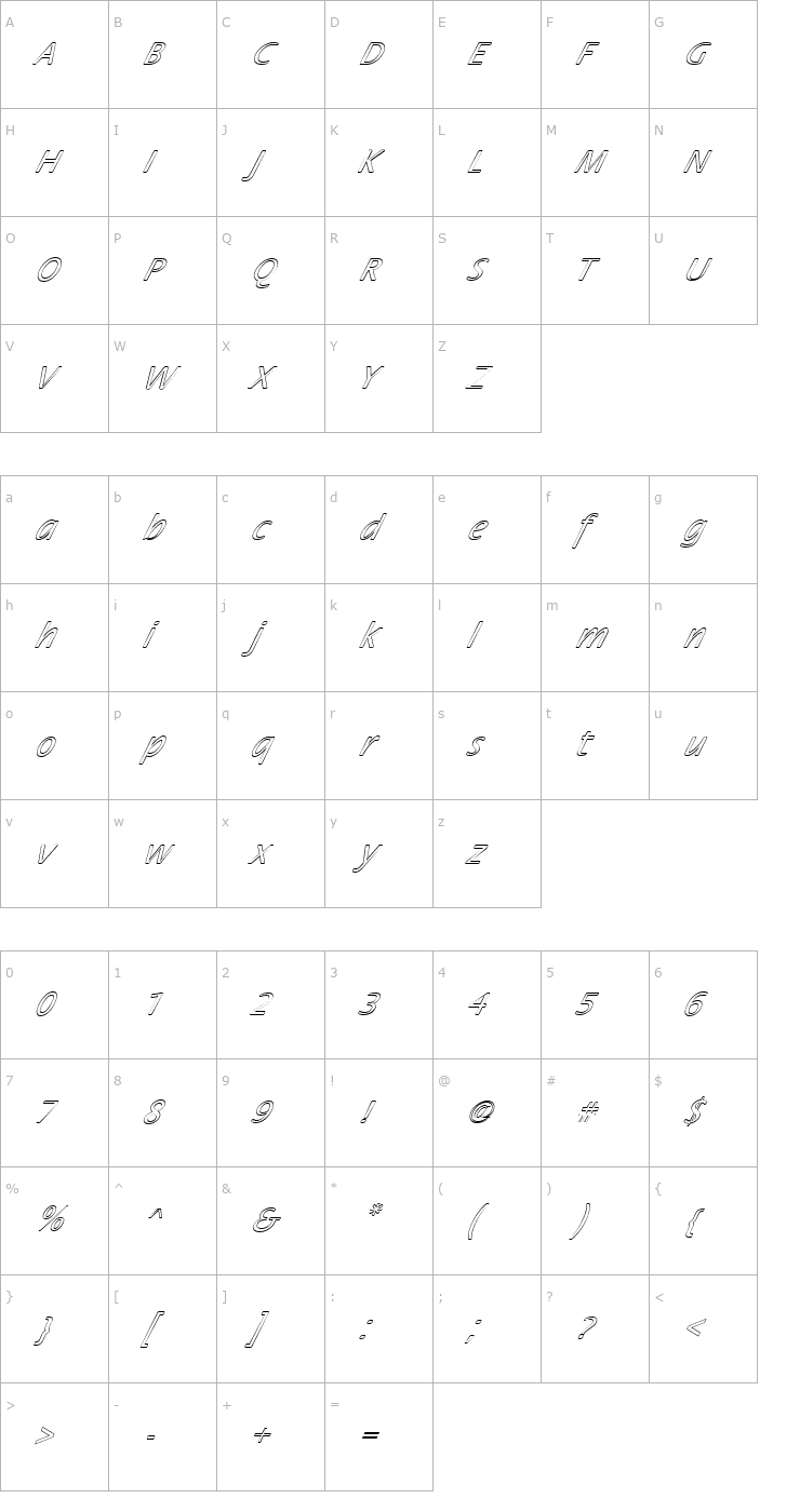 Character Map FZ BASIC 17 HOLLOW ITALIC Font