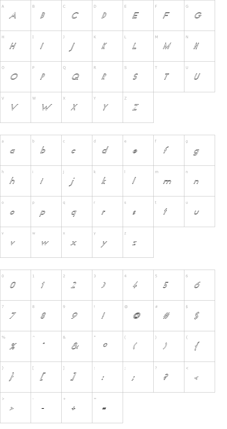 Character Map FZ BASIC 19 HOLLOW ITALIC Font