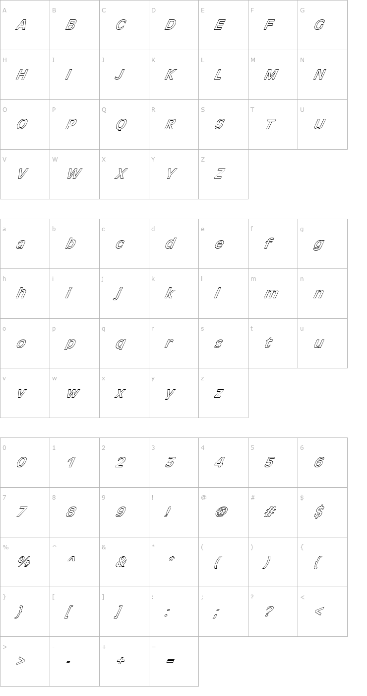 Character Map FZ BASIC 2 HOLLOW ITALIC Font