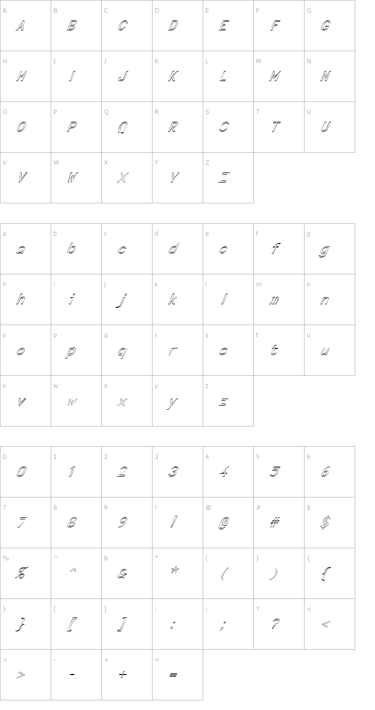 Character Map FZ BASIC 23 HOLLOW ITALIC Font