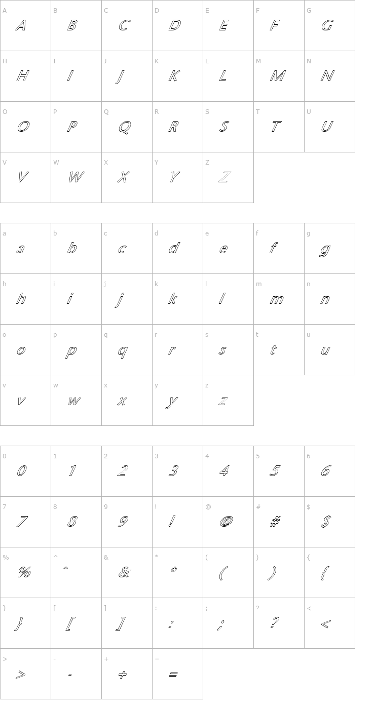 Character Map FZ BASIC 25 HOLLOW ITALIC Font
