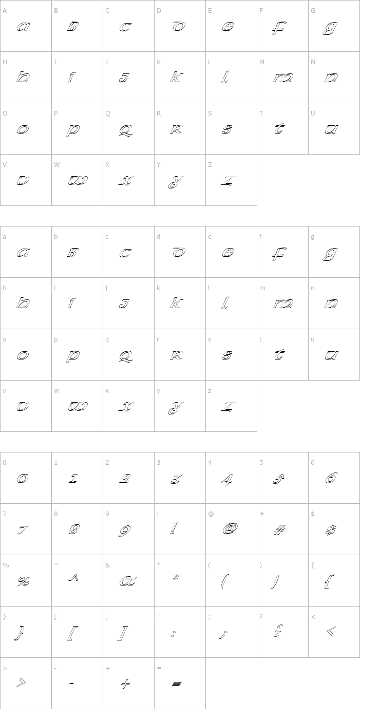 Character Map FZ BASIC 43 HOLLOW ITALIC Font