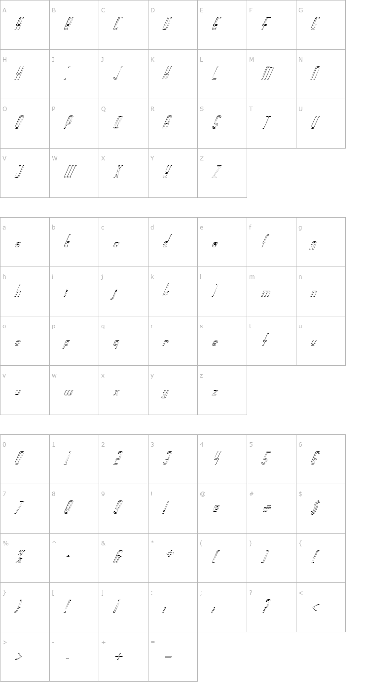Character Map FZ BASIC 44 HOLLOW ITALIC Font