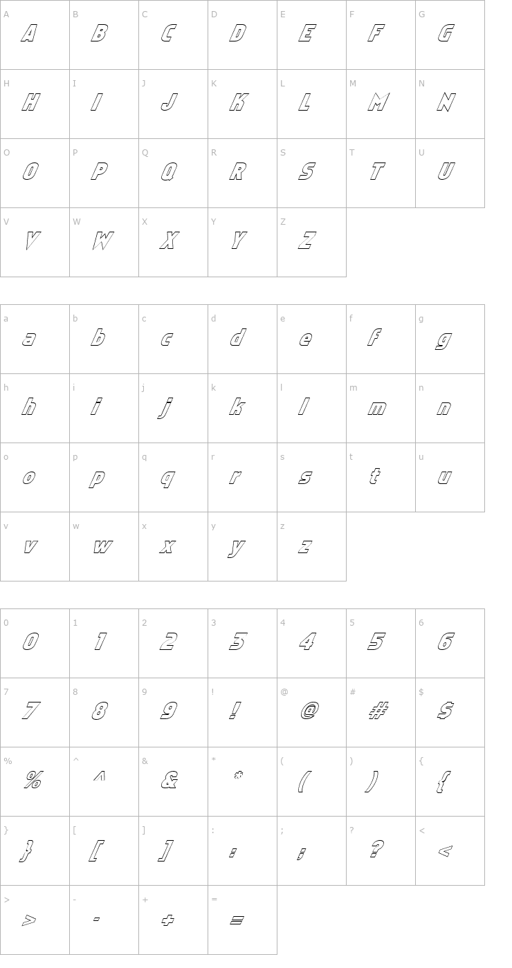 Character Map FZ BASIC 5 HOLLOW ITALIC Font
