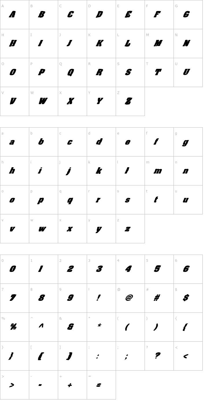 Character Map FZ BASIC 52 MANGLED ITALIC Font