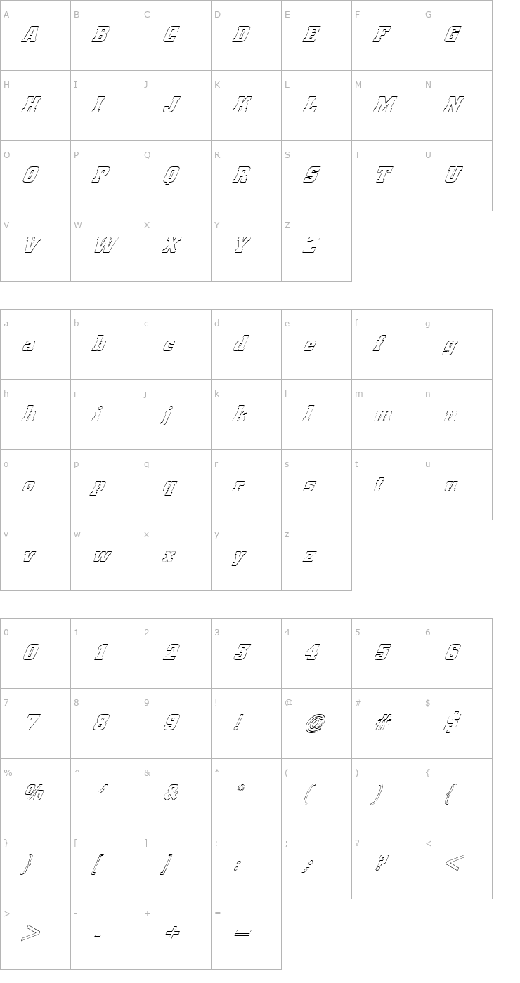 Character Map FZ BASIC 53 HOLLOW ITALIC Font
