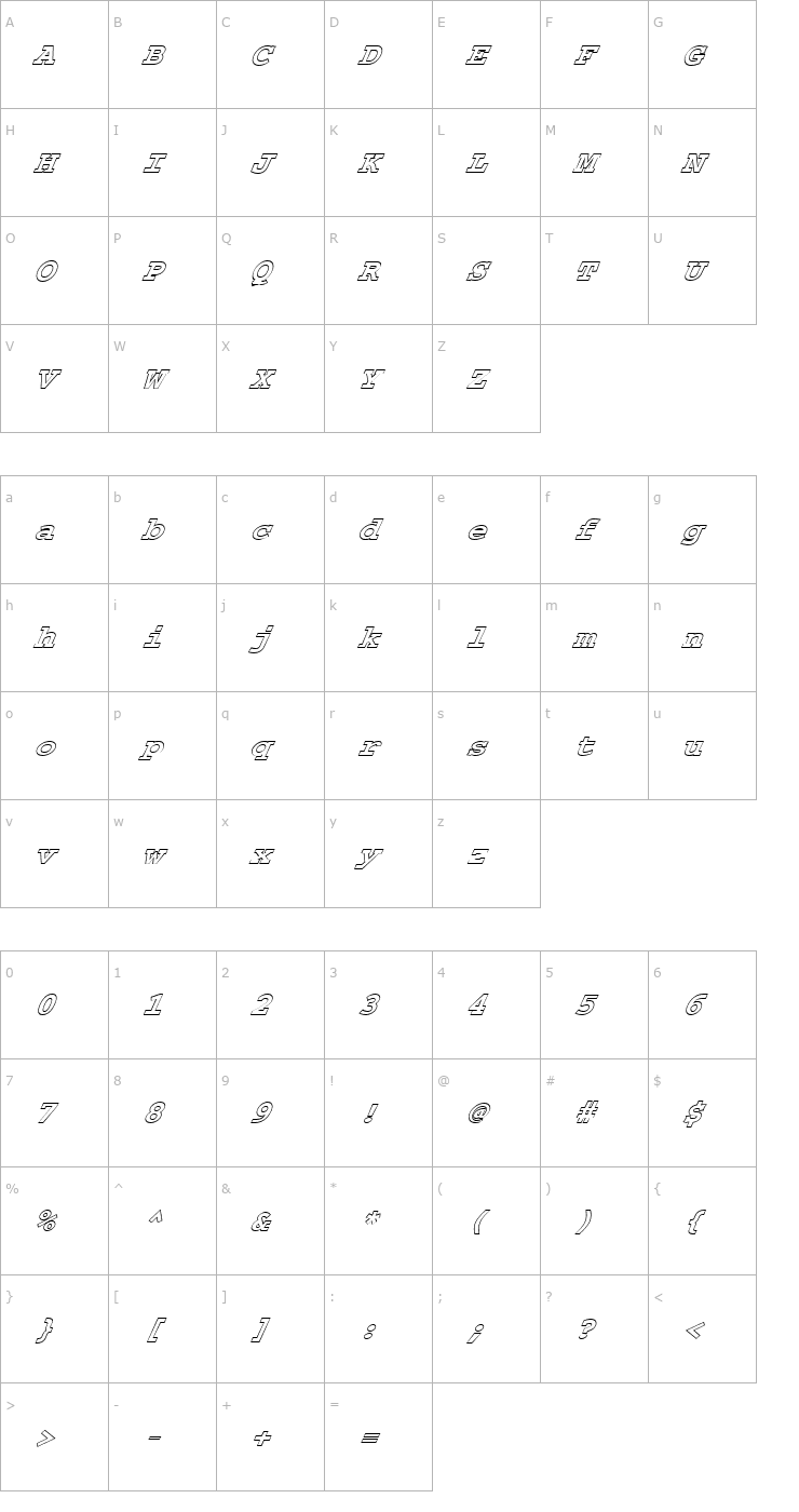 Character Map FZ BASIC 54 HOLLOW ITALIC Font