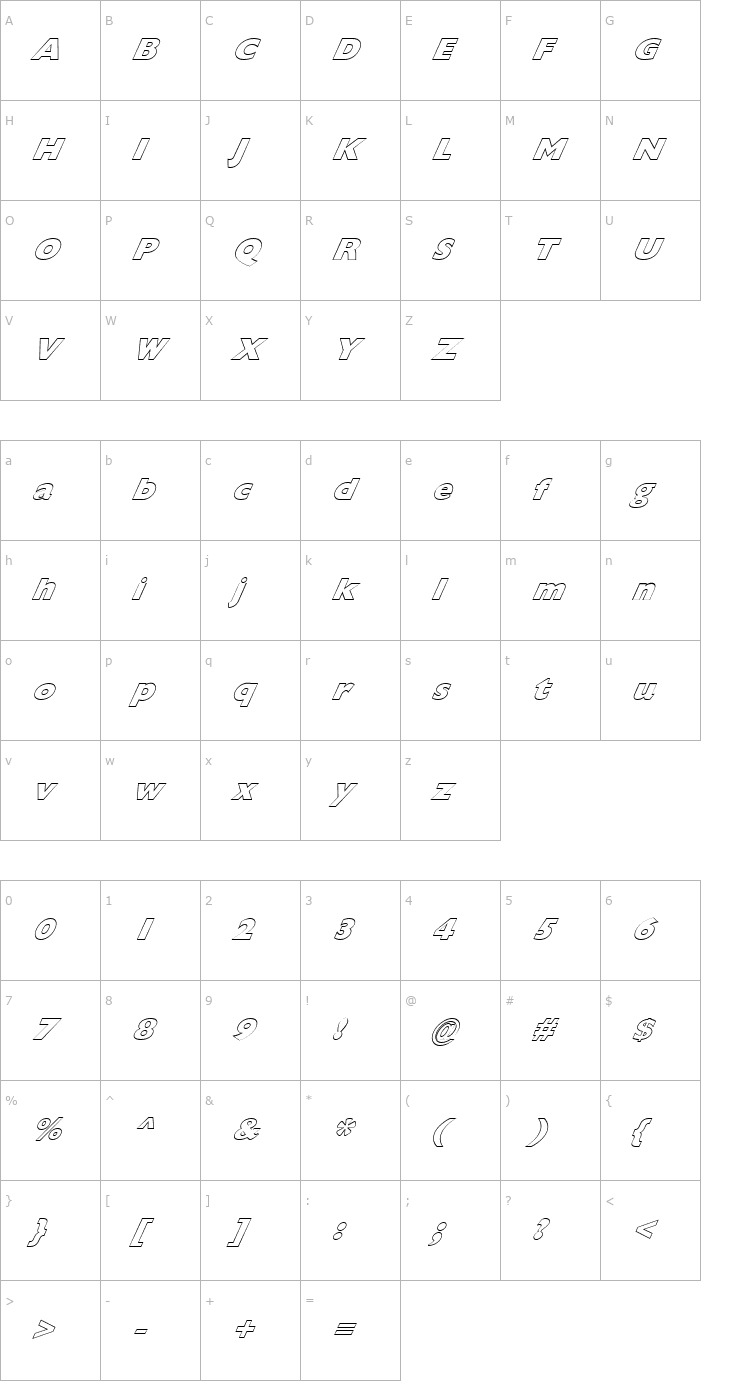 Character Map FZ BASIC 57 HOLLOW ITALIC Font