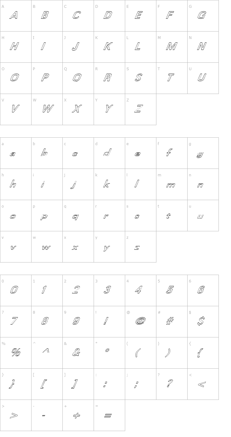 Character Map FZ BASIC 58 HOLLOW ITALIC Font