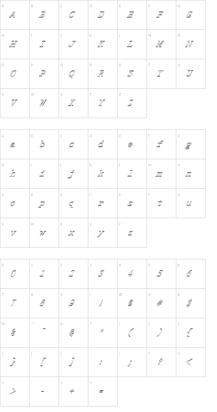 Character Map FZ DIGITAL 1 HOLLOW ITALIC Font