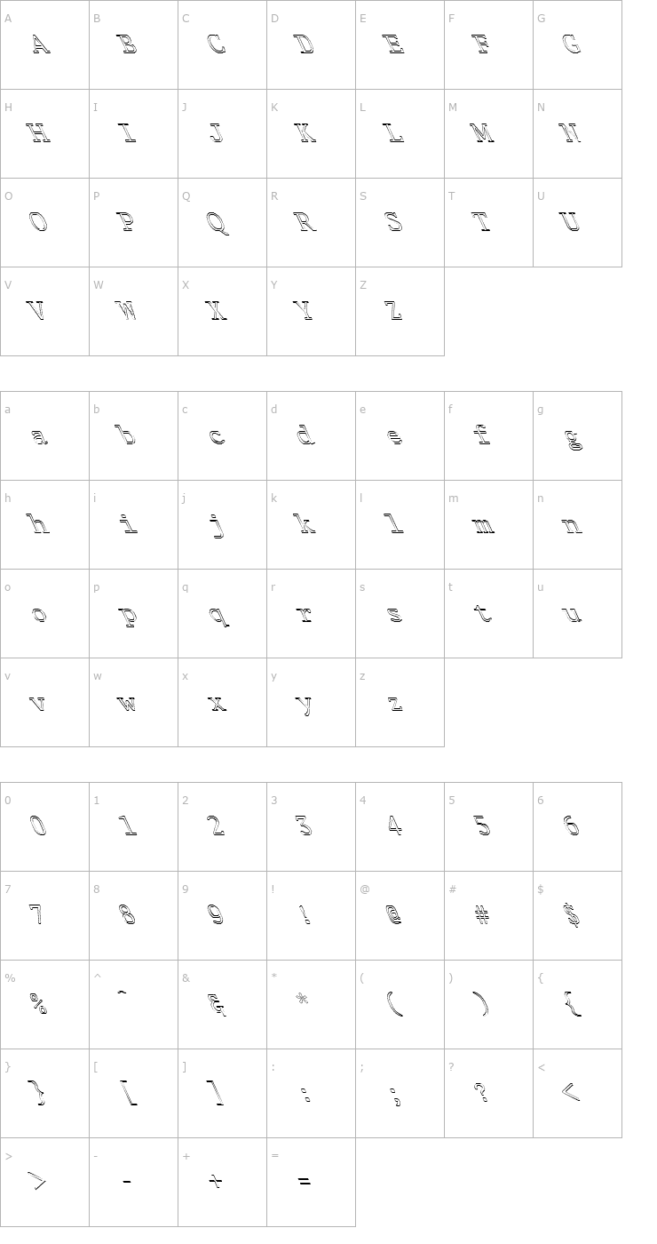 Character Map FZ DIGITAL 1 HOLLOW LEFTY Font