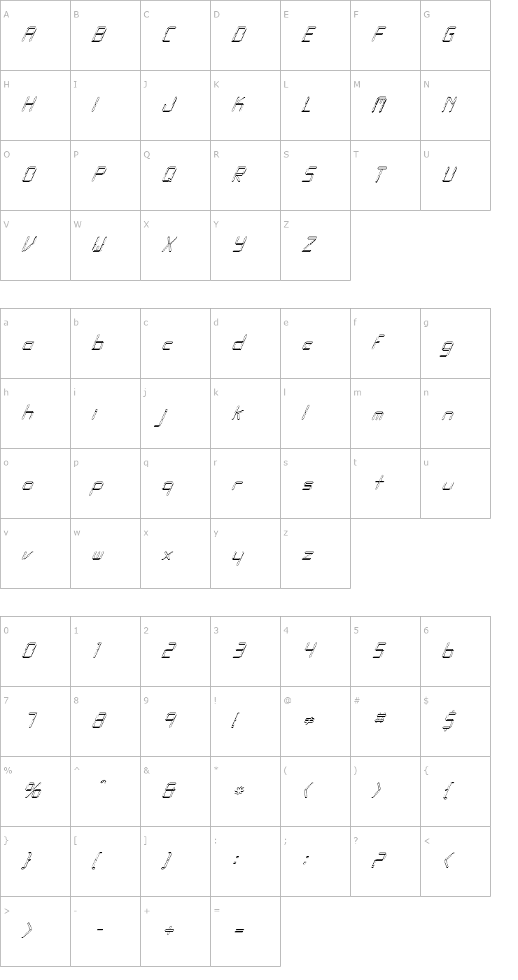 Character Map FZ DIGITAL 10 HOLLOW ITALIC Font