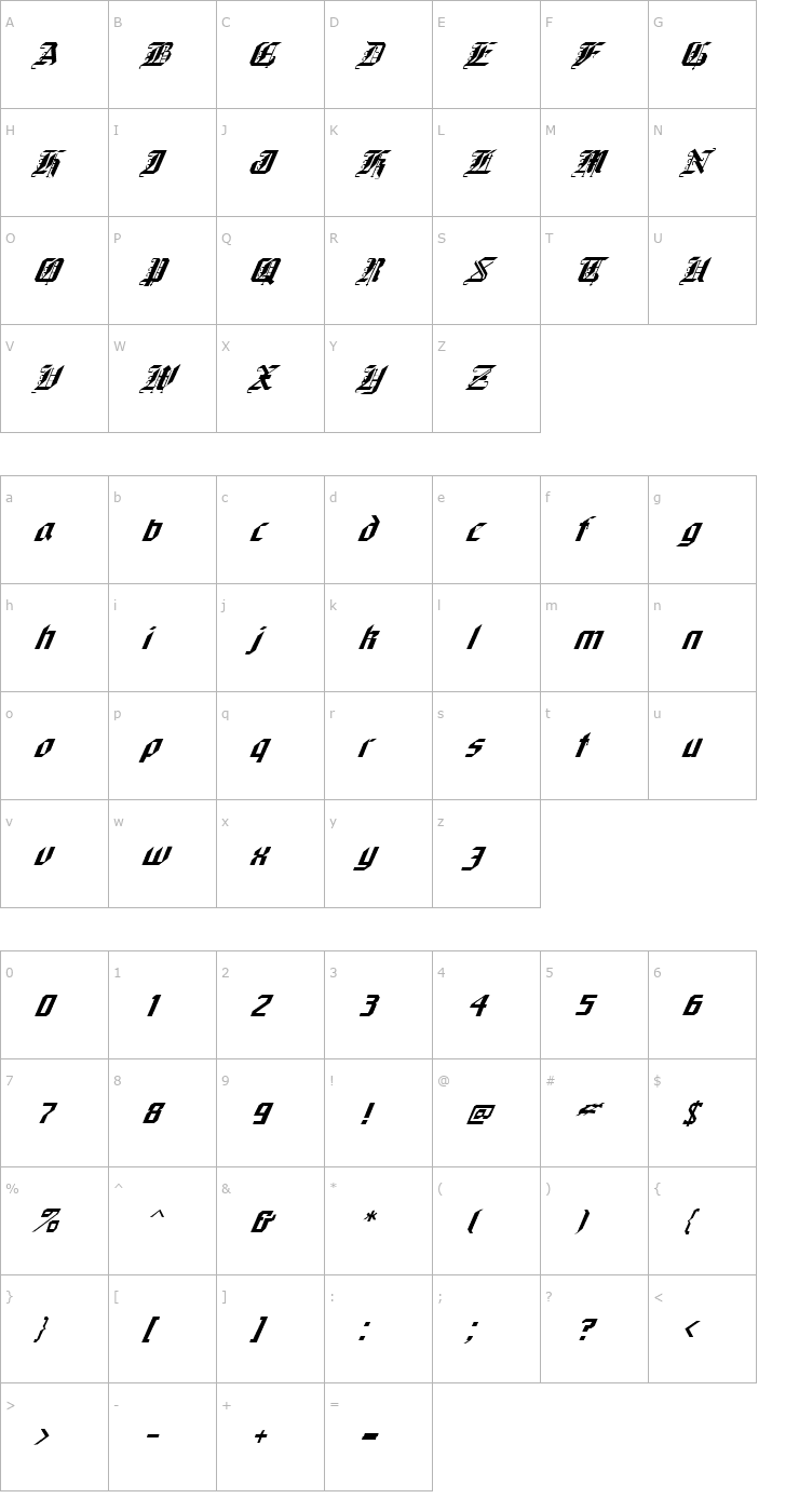 Character Map FZ GOTHIC 1 ITALIC Font