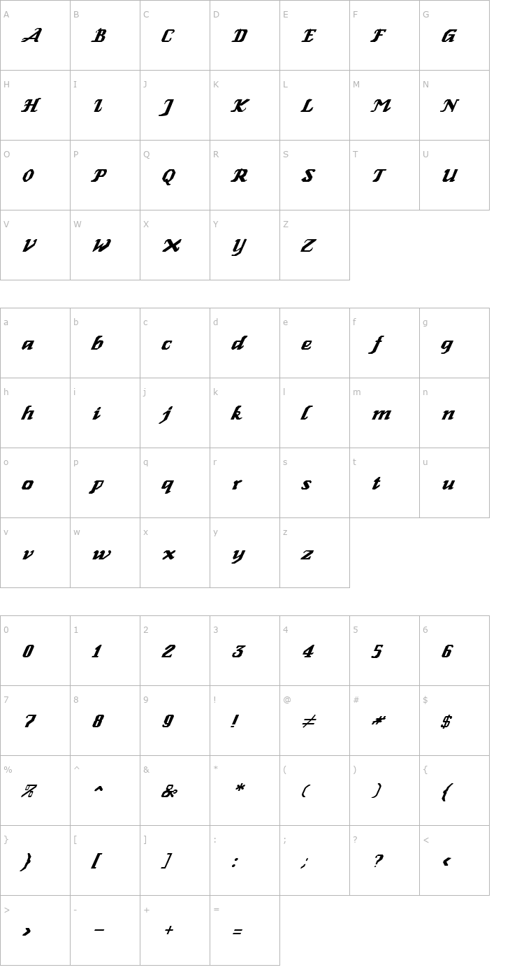 Character Map FZ GOTHIC 2 ITALIC Font