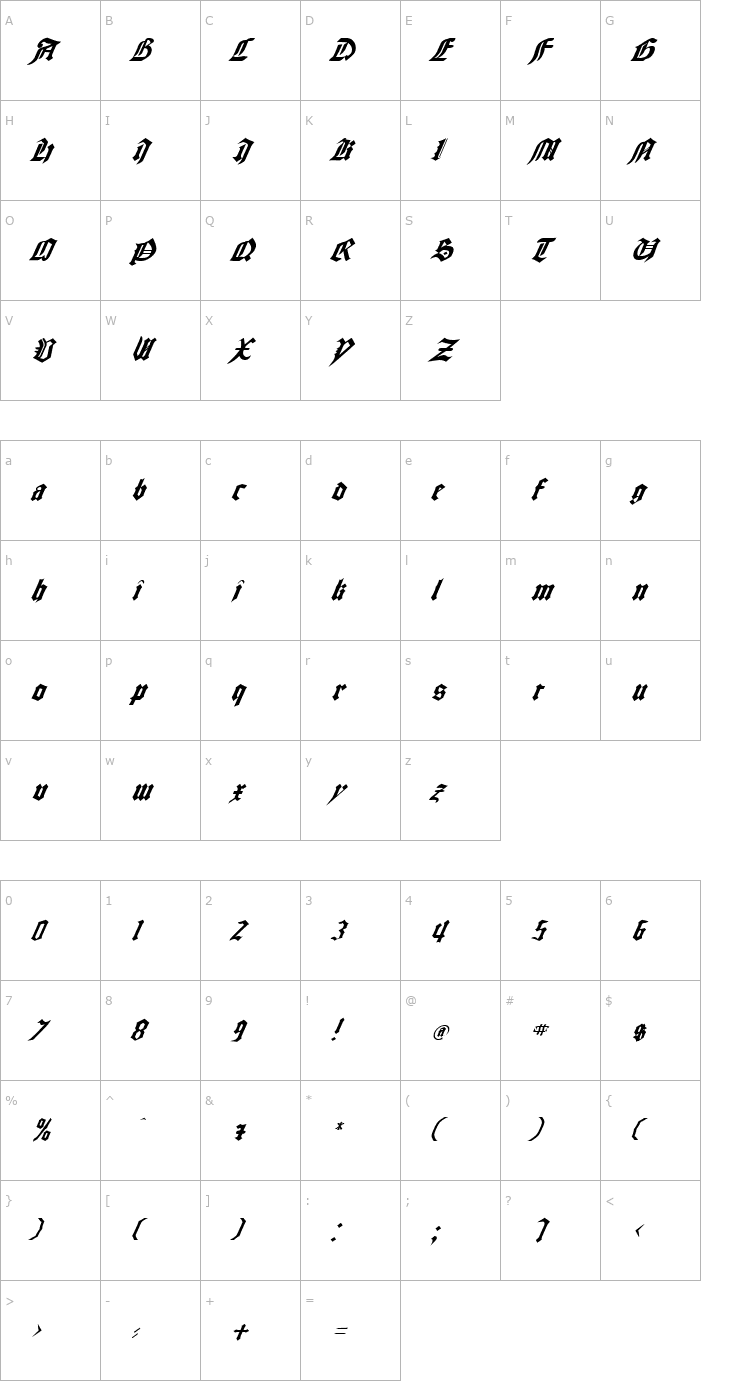 Character Map FZ GOTHIC 3 ITALIC Font