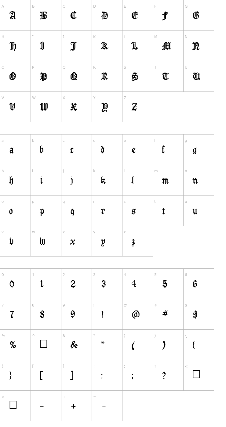 Character Map FZ GOTHIC 4 Font