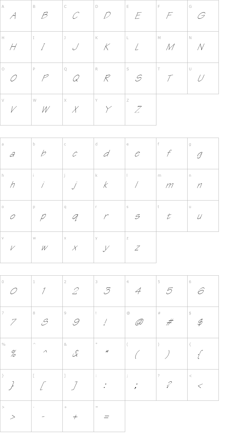 Character Map FZ HAND 1 ITALIC Font