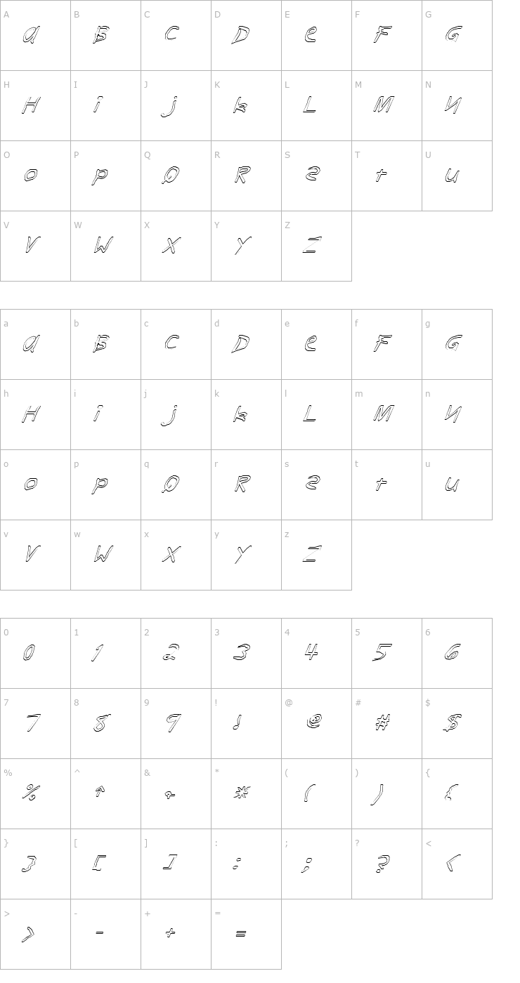 Character Map FZ HAND 11 HOLLOW ITALIC Font