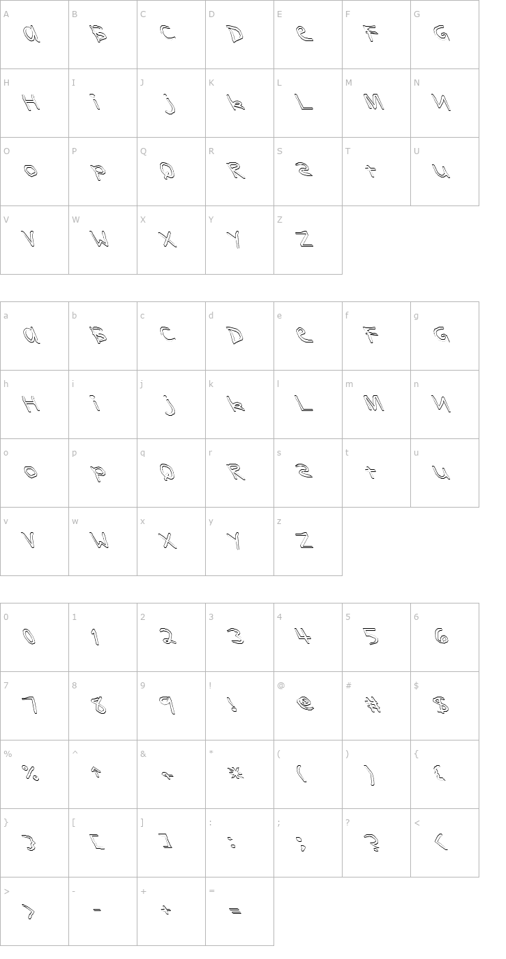 Character Map FZ HAND 11 HOLLOW LEFTY Font