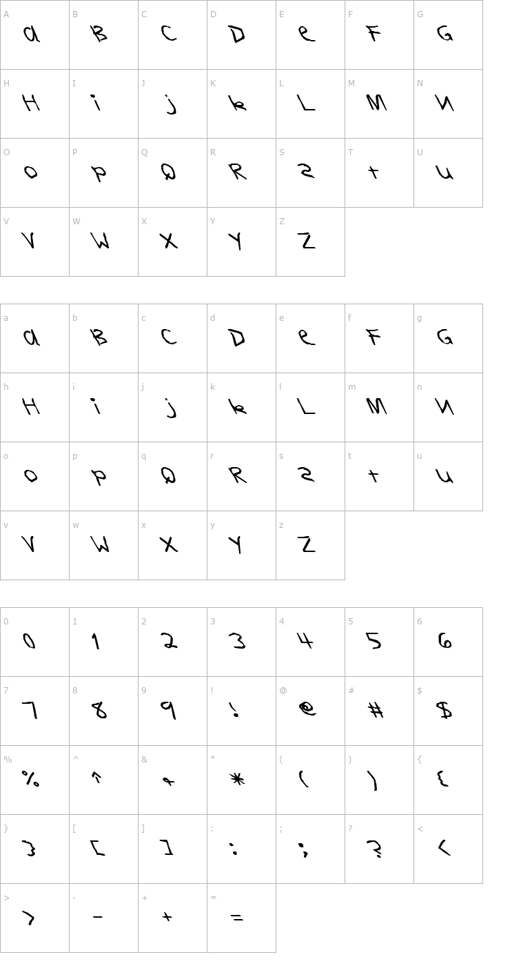 Character Map FZ HAND 11 LEFTY Font