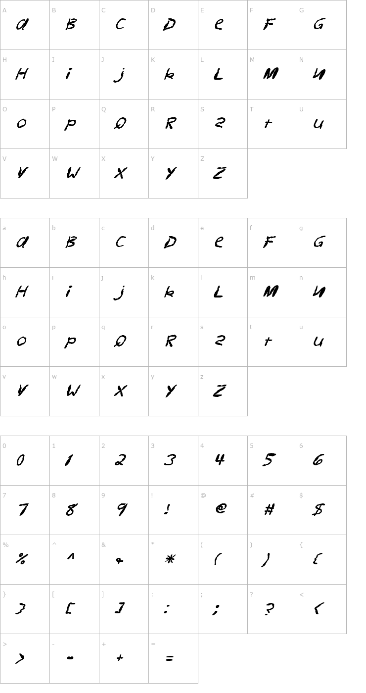 Character Map FZ HAND 11 MANGLED ITALIC Font