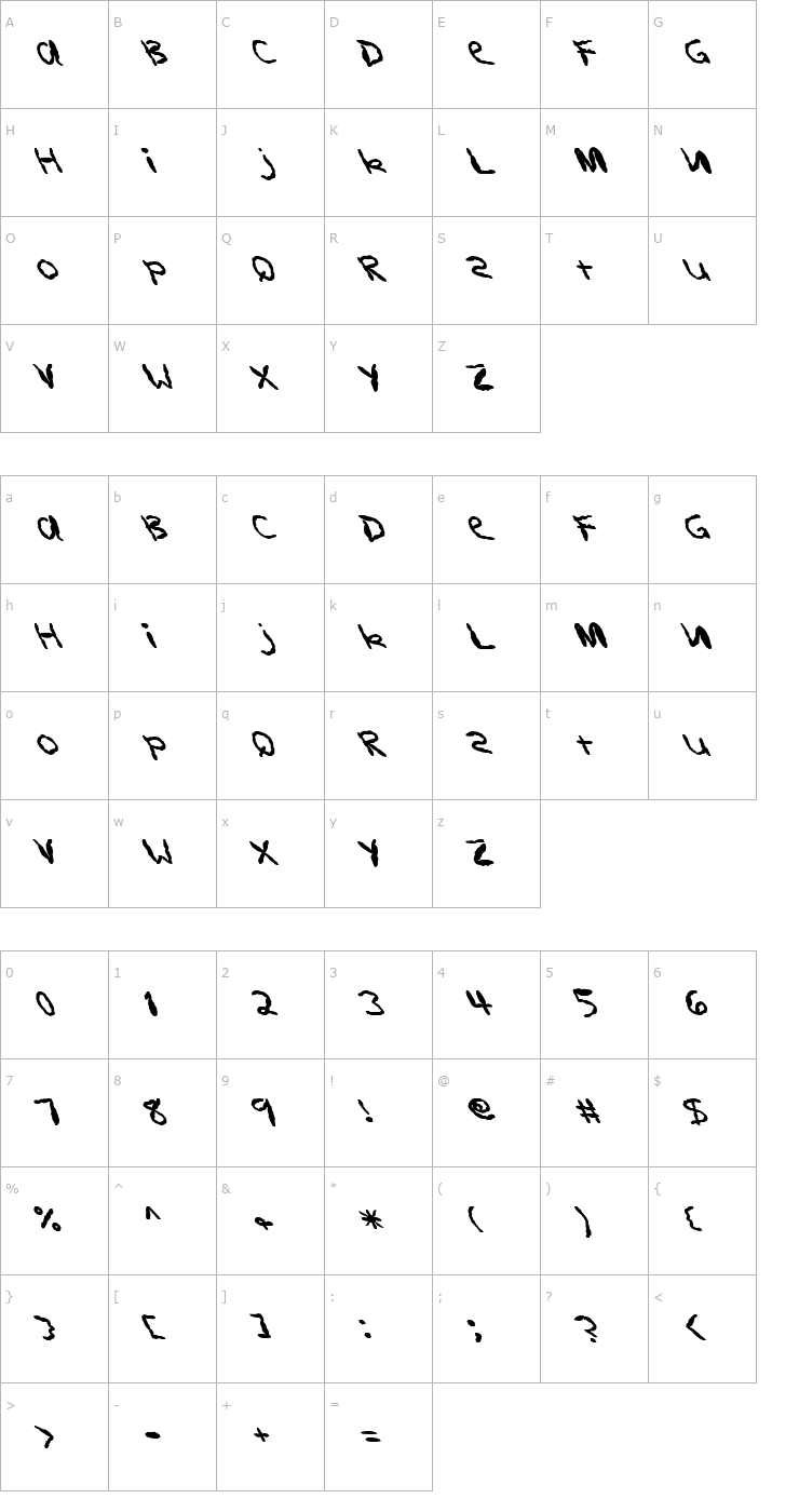 Character Map FZ HAND 11 MANGLED LEFTY Font