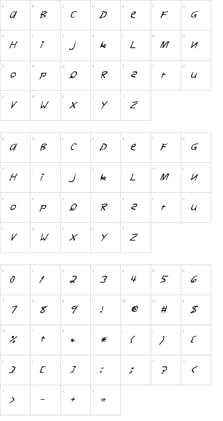 Character Map FZ HAND 11 WAVEY ITALIC Font