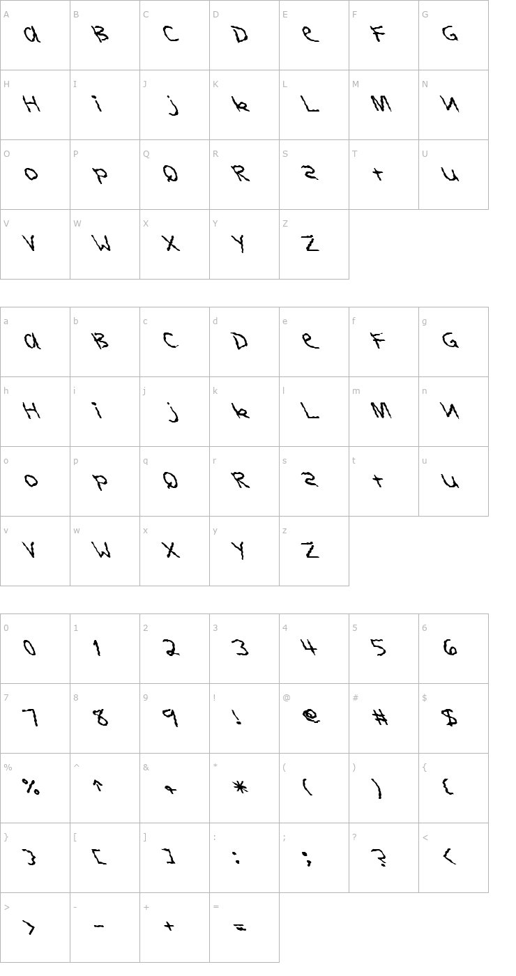 Character Map FZ HAND 11 WAVEY LEFTY Font