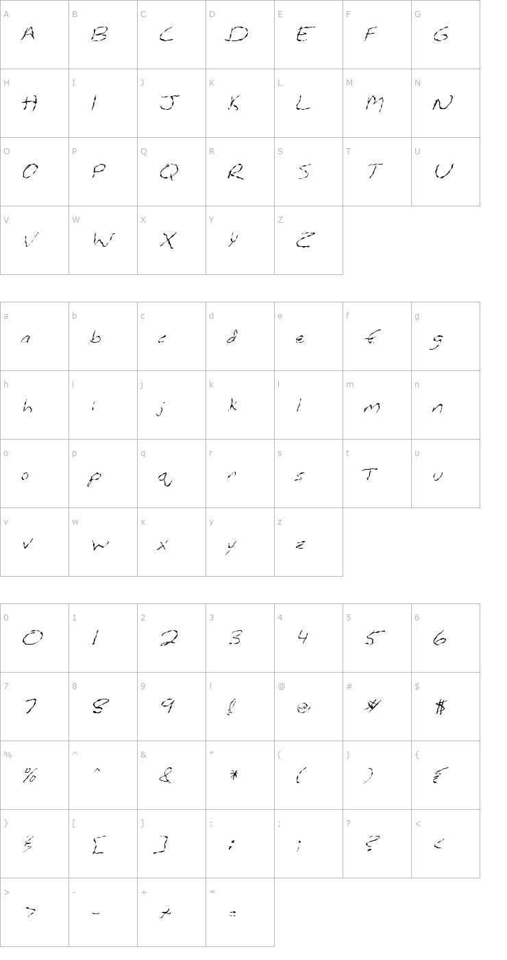 Character Map FZ HAND 12 WAVEY ITALIC Font