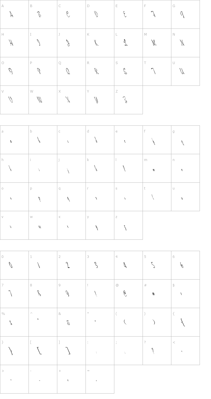 Character Map FZ HAND 13 LEFTY Font